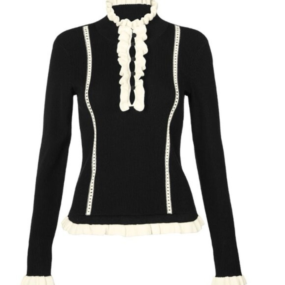 CAbi Black Sweater with Cream Ruffle Adorn pullover